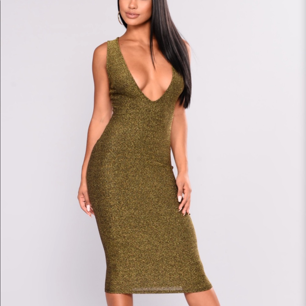 Deep V Dress - Gold